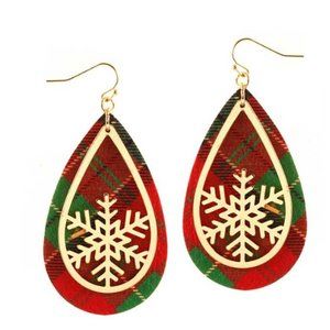 Christmas Teardrop Vegan Leather Earrings with Gold Snowflake Medallion